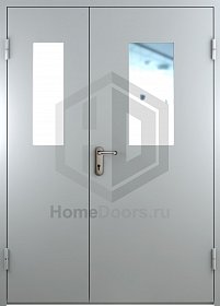Двупольная противопожарная дверь EI-60 со стеклом и штангой фото
